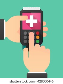 Illustration of a person hands using a dataphone with   the Swiss flag