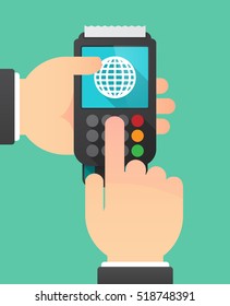 Illustration of a person hands using a dataphone with a world globe
