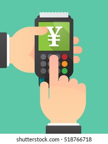 Illustration of a person hands using a dataphone with a yen sign