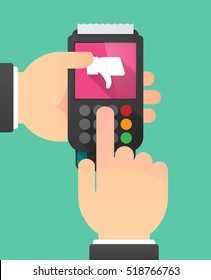 Illustration of a person hands using a dataphone with a thumb down hand