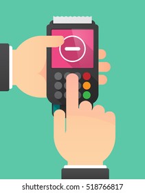 Illustration of a person hands using a dataphone with a subtraction sign