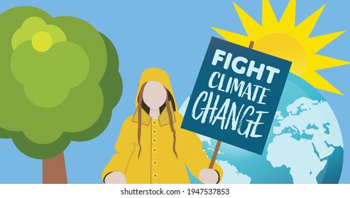 Illustration of person holding board with fight climate change text over globe on blue background. environment, global warming and climate change concept digitally generated image.