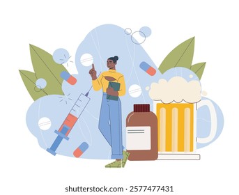 Illustration of a person holding a book, surrounded by pills, leaves, a syringe, a beer mug, and a medicine bottle on a white background. Health awareness concept. Vector illustration.