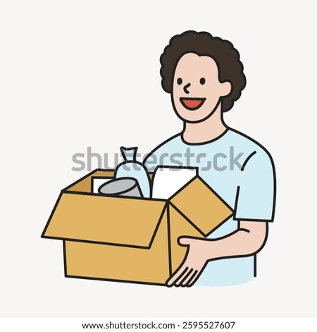 Illustration of a person holding a box. The person is smiling and wearing a light blue shirt. The box contains various items. Simple, cartoon style drawing. Vector illustration.