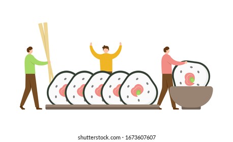 illustration of person holding chopsticks to take sushi, dipping sushi in a bowl. concept of Japanese food, Eastern or Asian food. rice rolls. flat design. can be used for food business