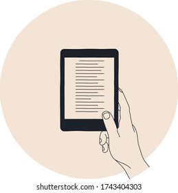 An illustration of a person holding an ebook reader, reading an electronic book. A simple cartoon style vector flat image in light colors