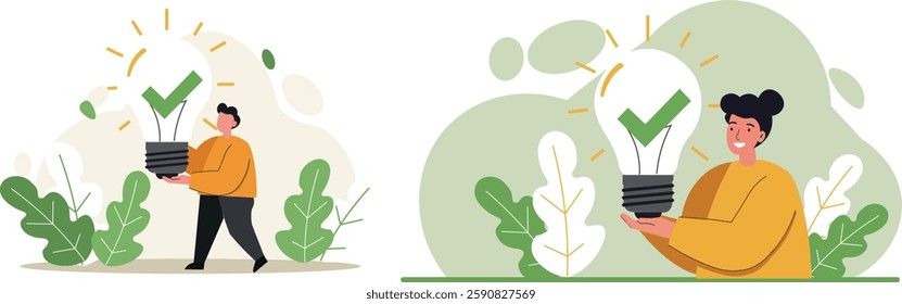 Illustration of a person holding a glowing light bulb with a green checkmark, symbolizing sustainable innovation, eco-friendly solutions, energy efficiency, and environmentally conscious decision