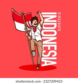 illustration of a person holding Indonesian flag cartoon vector for dirgahayu kemerdekaan indonesia