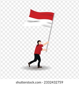 illustration of a person holding the Indonesian flag while running, transparent background