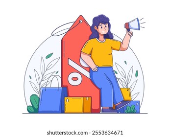 illustration of a person holding a megaphone, excitedly announcing a big discount.
Perfect for promotions, landing pages, websites, social media, and more.