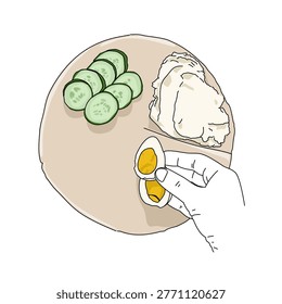 illustration of a person holding a piece of bread with cucumbers and boiled eggs. Sandwich healthy food breakfast