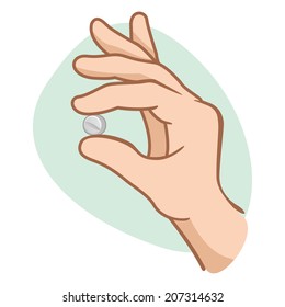 Illustration of a person holding a pill up her mouth with her ??fingers 