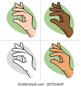 Illustration of a person holding a pill up your mouth with the fingers ethnic 
