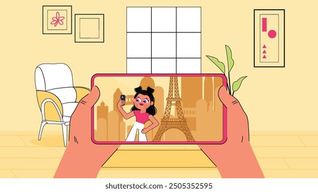 Illustration einer Person, die ein Smartphone hält, das eine Cartoonfrau erfasst, die ein Selfie mit dem Eiffelturm macht. Konzept von virtuellen Reisen und digitalen Verbindungen.

