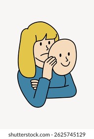 Illustration of a person holding a smiling mask. The person appears thoughtful, with a mask symbolizing emotions. Simple, cartoon style art with bold lines. Person, character illustration vector.
