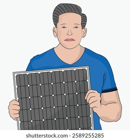 Illustration of a person holding a solar panel, emphasizing renewable energy and solar power technology. The individual is wearing a blue shirt, highlighting the solar panel as the main focus.