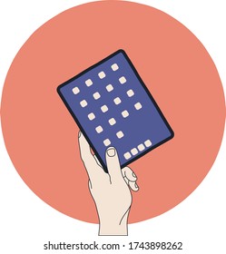 An illustration of a person holding a tablet computer in his or her hand, a user handling a big touch screen device with unlocked touch screen. A cartoon style simple flat hand drawn vector image