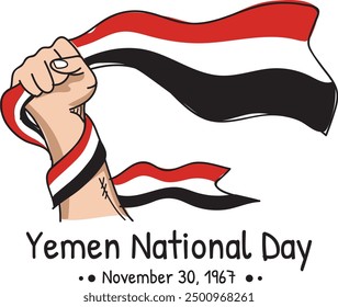 Illustration of a person holding tightly the fluttering yemeni flag, yemen's national day vector