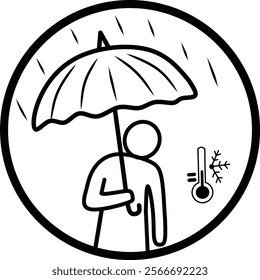 Illustration of a person holding an umbrella in cold, rainy weather, with a thermometer showing low temperatures and snowflakes. Perfect for weather forecasts or seasonal design projects