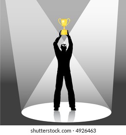 Illustration of person holds gold trophy up in spotlight. Concept of people winning sports, business, life.