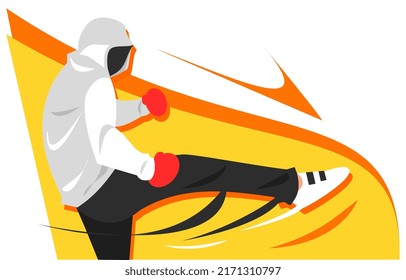 Illustration Of A Person In A Hooded Jacket Kicking. Movement Poses. Kickboxing, Workout. Sports Theme, Practice, Activity, Hobby, Etc.