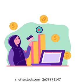 Illustration of a person in a hoodie holding a credit card in front of a laptop with bar charts and cryptocurrency icons. Concept of cybercrime, online payment, or digital economy in flat style