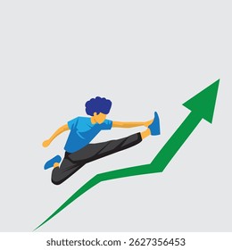 illustration of person with increase and directional arrows, sales progress, sales increase, hard work effort, reach the highest level, level up