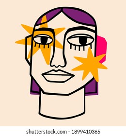 illustration of a person in Ink painting style. Surreal Face. Hand drawn portrait in modern abstract graphic style.
