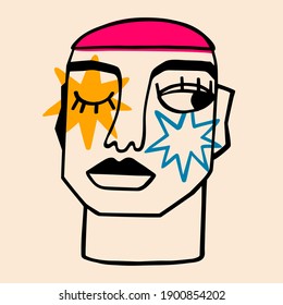 Illustration of a person in Ink painting style. Surreal Face. Hand drawn portrait in modern abstract graphic style.