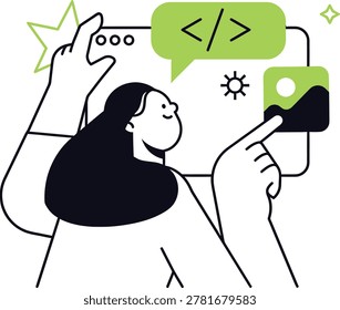 Illustration of a person interacting with a computer interface, featuring code and image elements isolated on transparent background - Powered by Shutterstock - Get 15% off with code: PIKWIZARD15