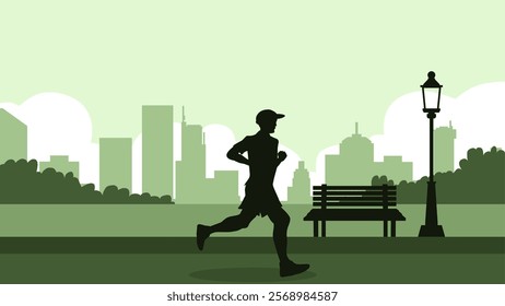 Illustration of person jogging at the park with cityscape background. City park with bench and lamp in front of the skyline building. Vector illustration of a person exercise running along the path