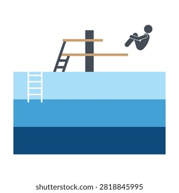 Illustration of person jumping into pool with diving board and ladder