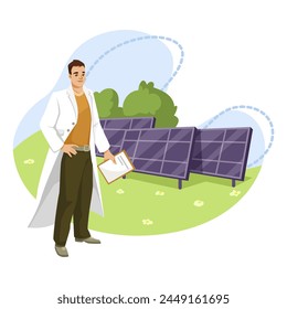 An illustration of a person in a lab coat inspecting solar panels, set on a green and white background symbolizing sustainable energy. Vector illustration