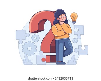 Illustration of a person leaning on a giant question mark with a look of confusion and wonder, pondering solutions and ideas. This symbolizes the process of problem-solving and creative thinking.