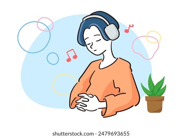 Illustration of a person listening to music and relaxing Listening to music with headphones Meditating with eyes closed