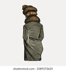 Illustration of a person in a long coat and hat, viewed from behind. The coat and hat are prominent, emphasizing a vintage, classic style. Vintage illustration isolated on white, vector.