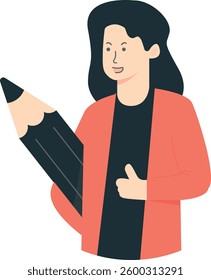 Illustration of a person with long dark hair, wearing a red jacket and holding a large pencil in one hand while giving a thumbs-up with the other. Person, pencil, approval