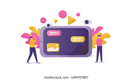 illustration of a person looking at a chat in a chat room or forum. communication concepts, discussion forum or online chat. flat design. Can be used for landing pages, templates, UI, web.