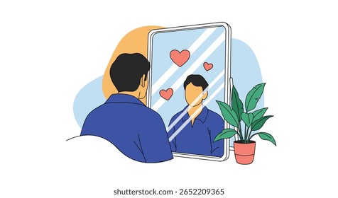 Illustration of a person looking in a mirror with a positive reflection showing self-love and acceptance with a plant in the background symbolizing growth and well-being