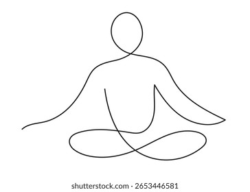 Illustration of a person in lotus pose, drawn with a single continuous line. Perfect for themes of yoga, meditation, mindfulness, relaxation, balance, and harmony.