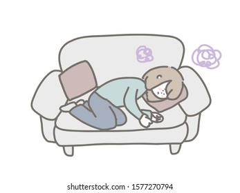 An illustration of a person lying on a couch. The person feels depressed and painful.