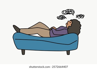 Illustration of a person lying on a couch, appearing relaxed. The person is resting on a blue couch, with thought bubbles above. Relaxed and thoughtful scene. Sad vector illustration isolated.