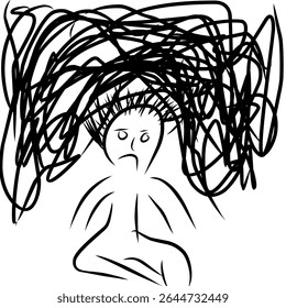 An illustration of a person with a messy, scribbled mass above their head, depicting feelings of overwhelming stress or confusion.