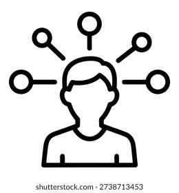 Illustration of a person with multiple connections emanating from their head isolated on white background, Vector