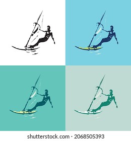 Illustration of a person on the board shows sea sport, surfing logo