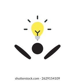 Illustration of a person with open arms and a glowing bulb as a head, symbolizing acceptance of new ideas and motivation. Useful for motivation, startup, and leadership topics.