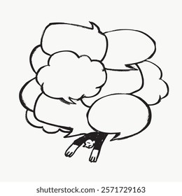 Illustration of a person overwhelmed by speech bubbles. Speech bubbles surround the figure, creating a chaotic, cluttered atmosphere. Simple black line art doodle vector.