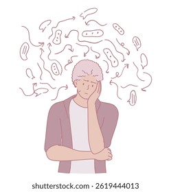 An illustration of a person overwhelmed by swirling thoughts, symbolizing their mental health struggles