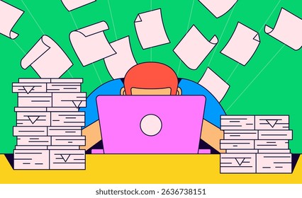 Illustration of a person overwhelmed with paperwork, working on a laptop. Papers fly through the air while stacks of documents pile up. Represents stress, overwork, deadlines, and workload pressure