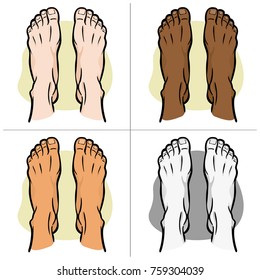 Illustration person, pair of human feet, ethnic, top view. Ideal for catalogs, informational and institutional guides